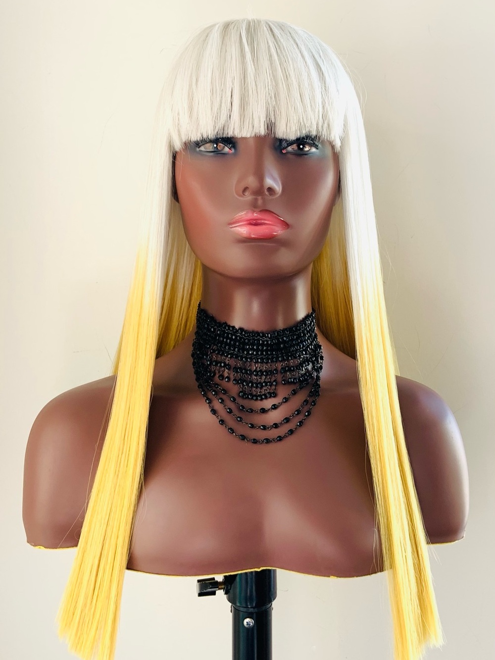 “Put On & Go” Platinum Yellow Premium Fiber Wig with Bangs 🤍💛